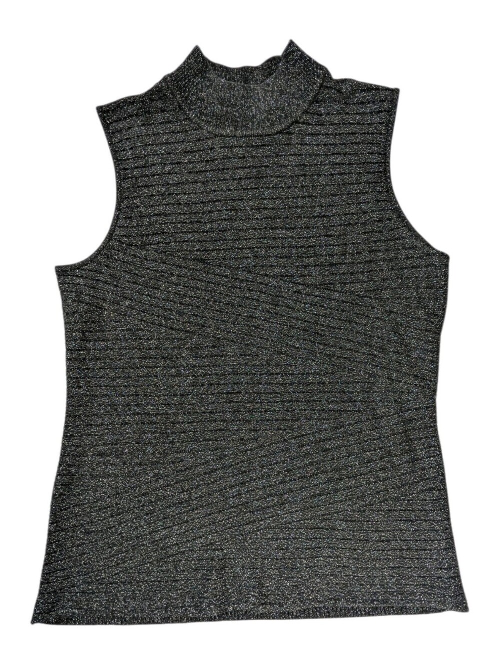 Dana Buchman Mock Neck Large Sleeveless Sweater Black Silver Shimmer Ribbed Knit